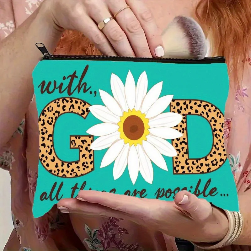 1 Piece of Teal Leopard Print Sunflower Pattern Makeup Bag - Multifunctional Zipper Pouch for Women, Jewelry Storage Bag, Perfect Travel Zipper Storage Bag, Fun Birthday Gift