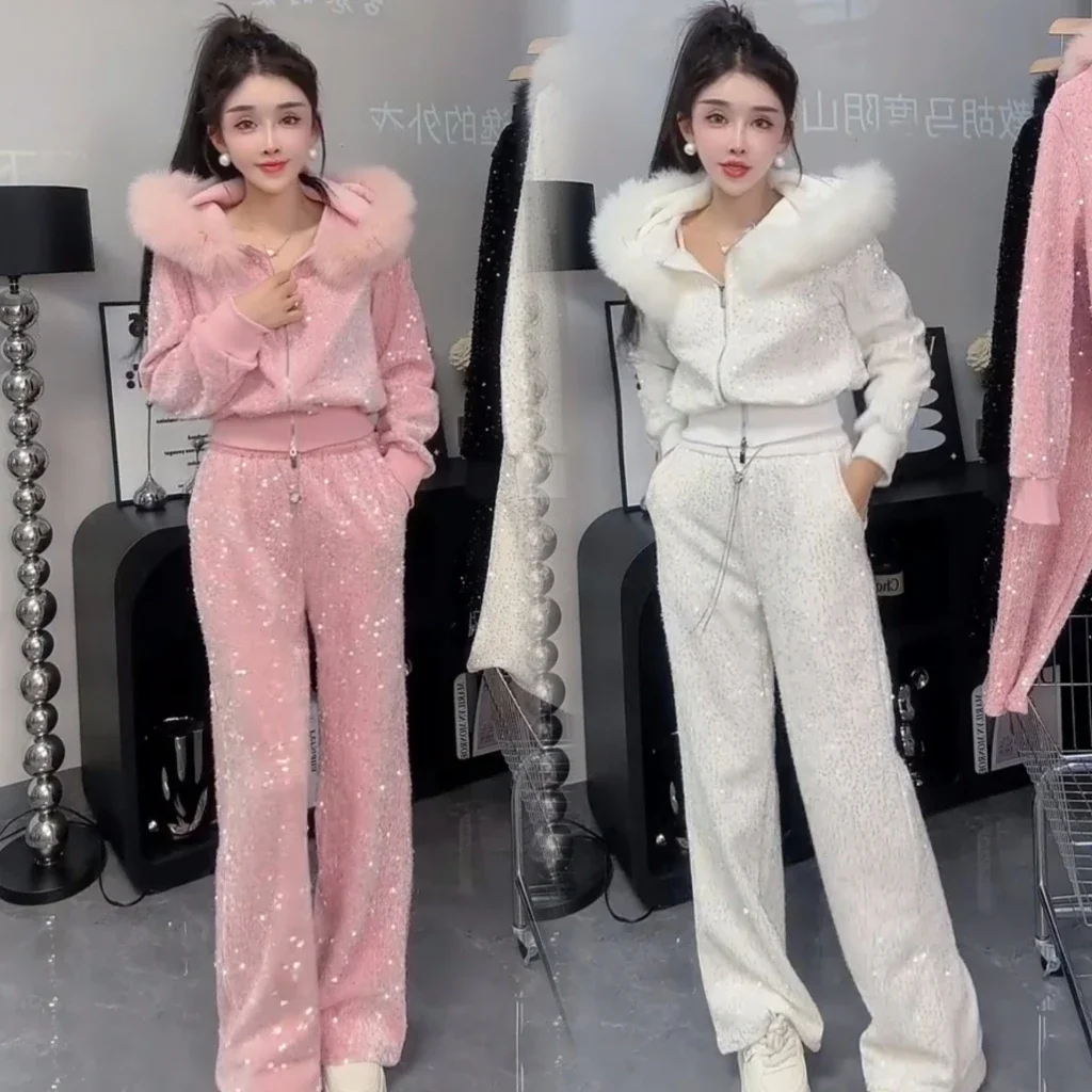 Casual Wide Leg Pants Fashion Sets 2023 Autumn Winter New Fleece Lined Temperament Heavy Sequins Furry Hooded Coat for Women