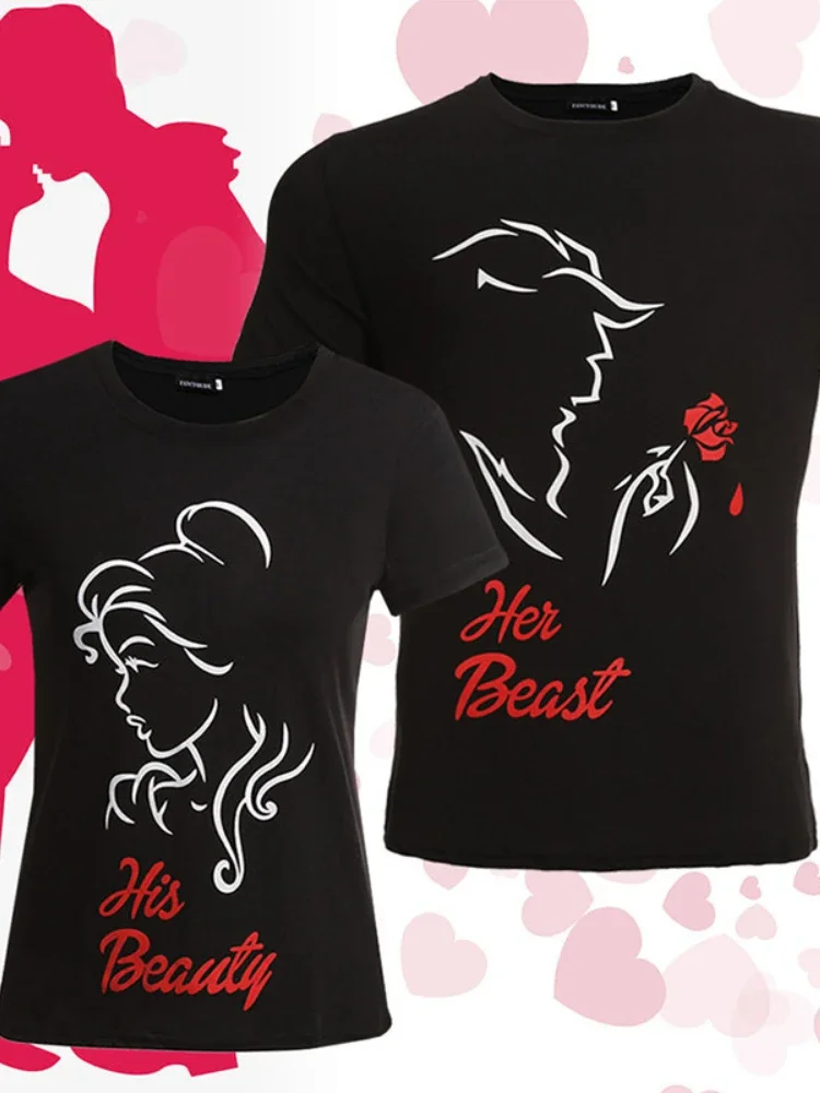 2024  His Beauty Her Beast Print Couple Tee Loose King Queen Tshirt Couple Gift T-ShirtsFashion Lovers Tee Graphic Shirt Y2k