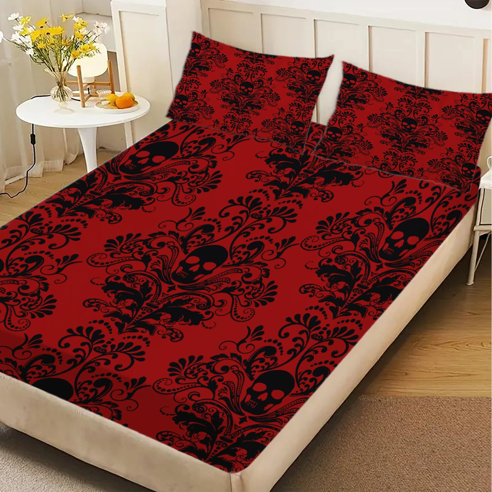 1pc Skull Floral Design Fitted Bedspread Soft Elastic Edge Mattress Cover No Pillowcase Twin/Double/Queen/King Home Dorm Bedding
