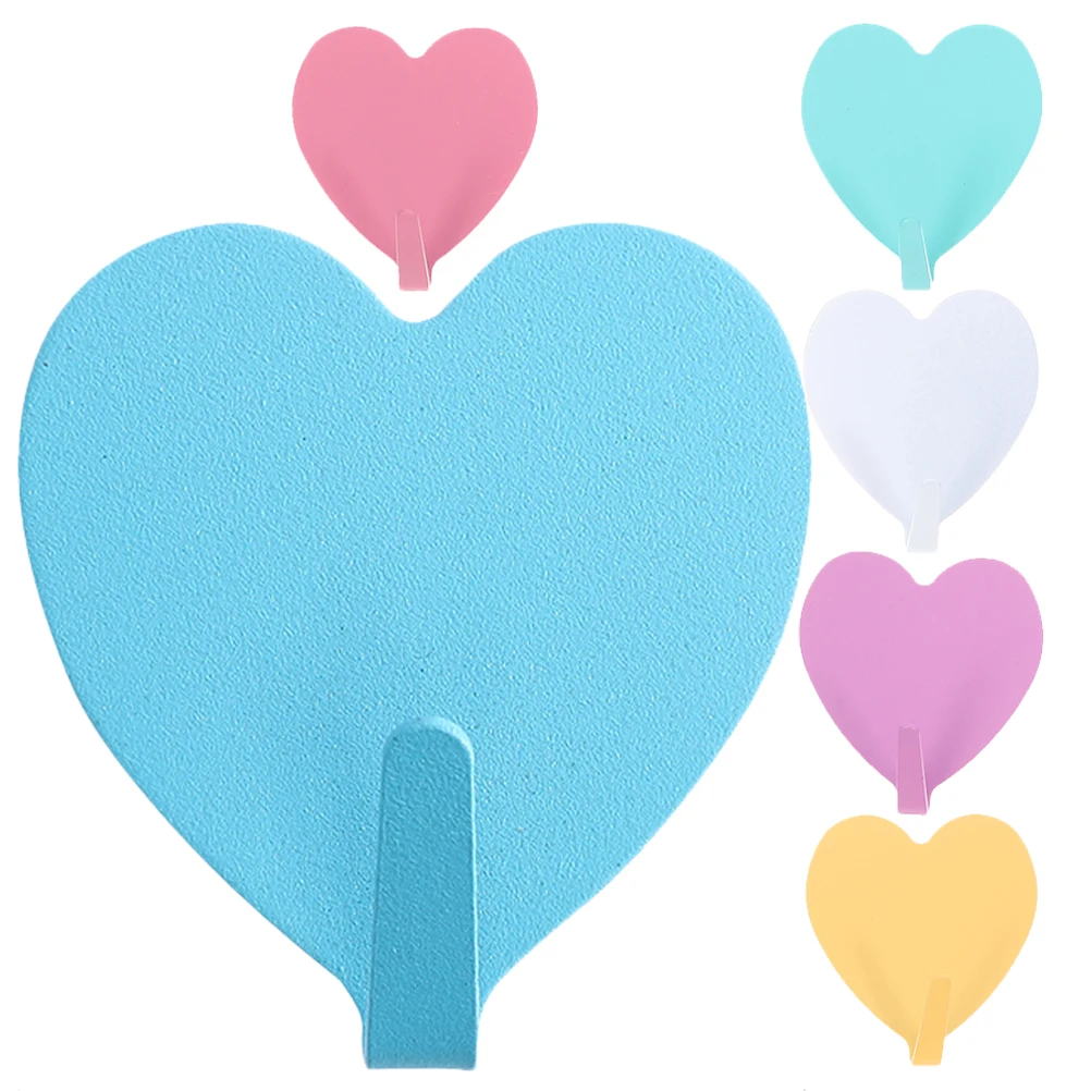 

6pcs Heart Shaped Hooks Self Adhesive Wall Mounted Home Decoration Iron Hangers Yellow Purple White Green Bathroom