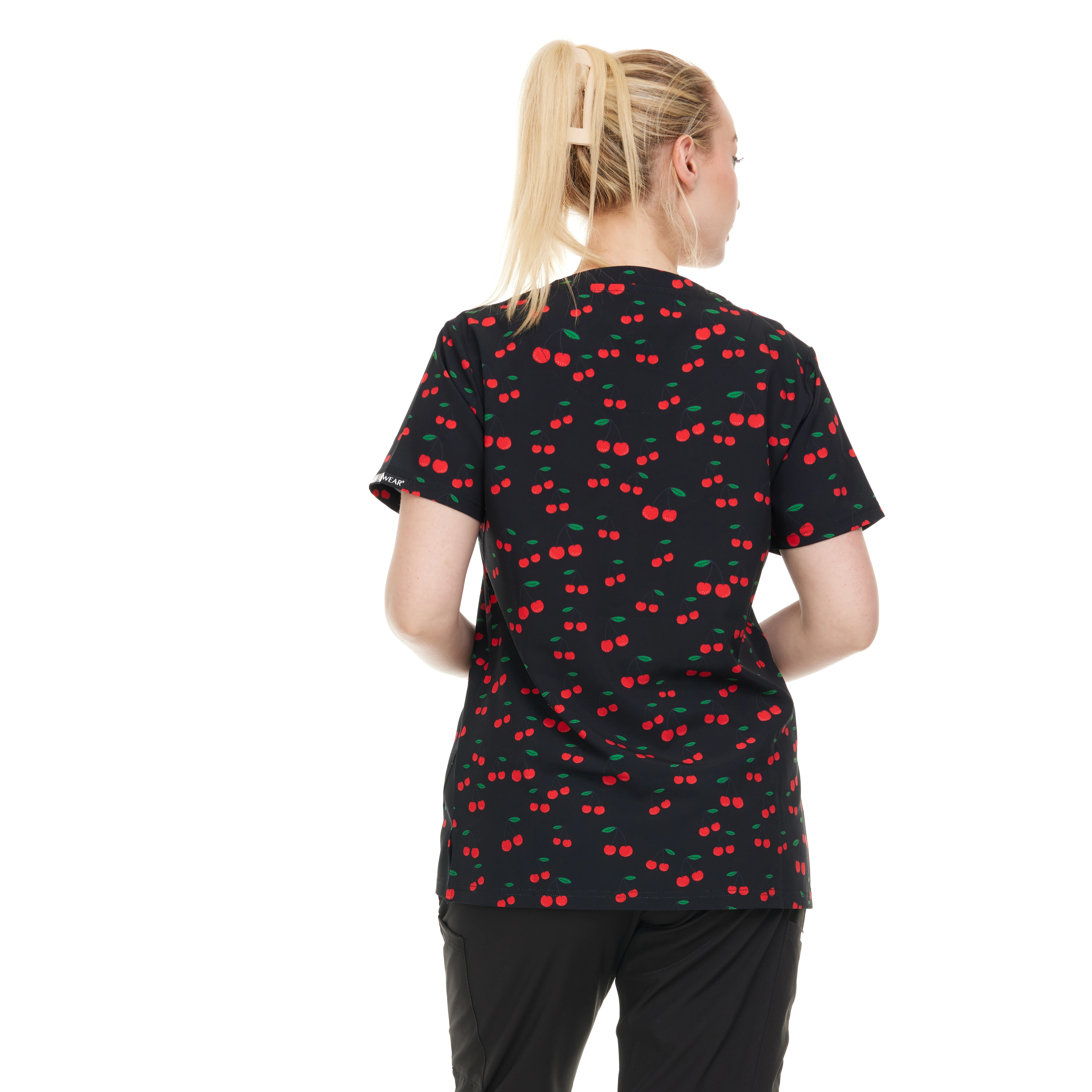 HEAL+WEAR Women's Scrub Top V-Neck Cherry Print Multiple Convenient Pockets. 4-Way Stretch Spandex. Wrinkle-Resistant