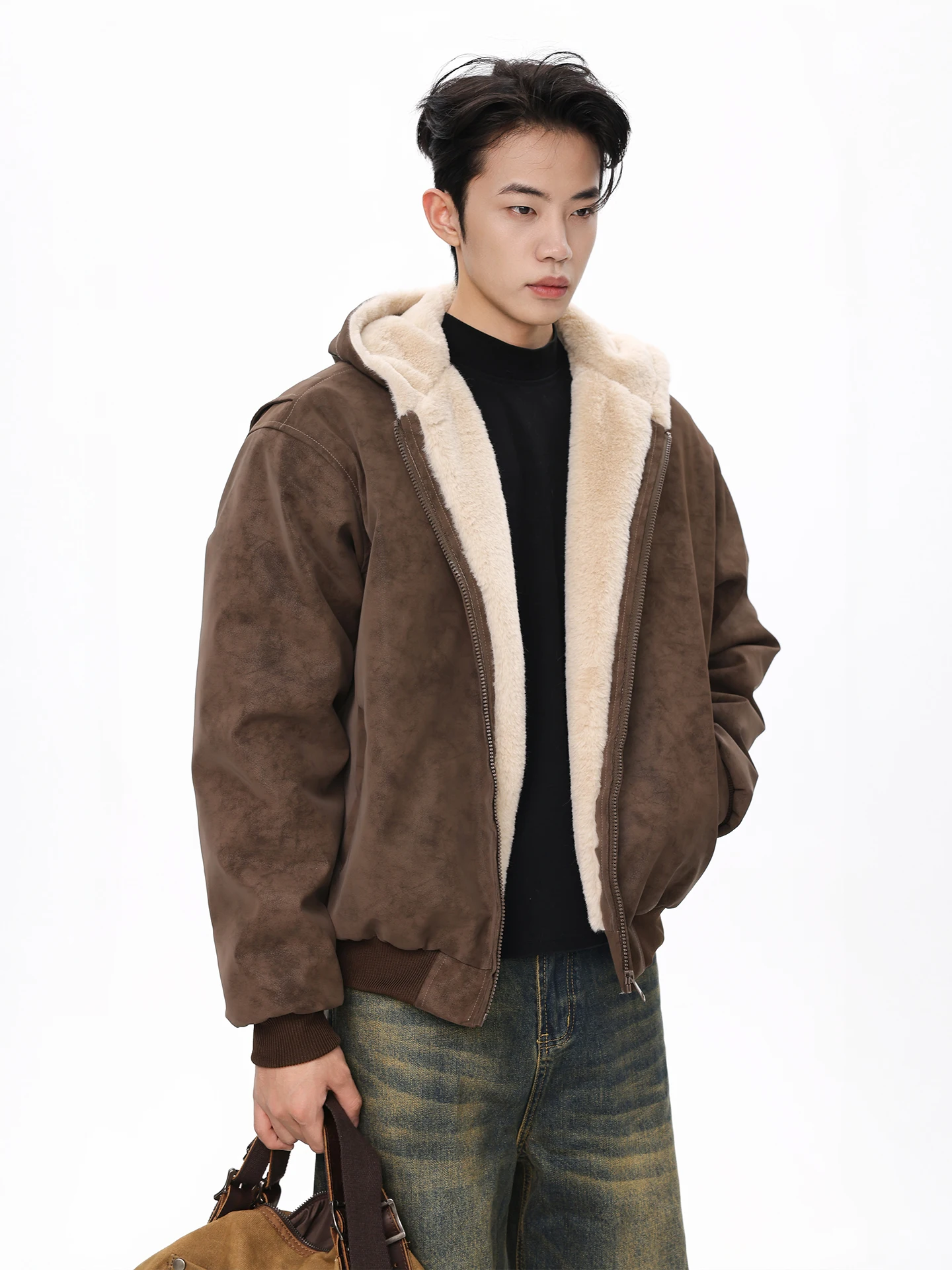 

ABFR American Retro PU Leather Cotton Jaet Men's Winter Thiened Warm Cotton Coat Hooded Youth Casual Faion Coat