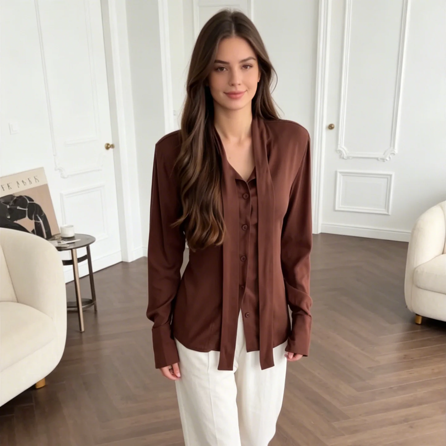 

Elegant Bow Tie Neck Blouse Women Long Sleeve Button Down Shirt Spring Summer Casual Office Work Wear Loose Fit Tops