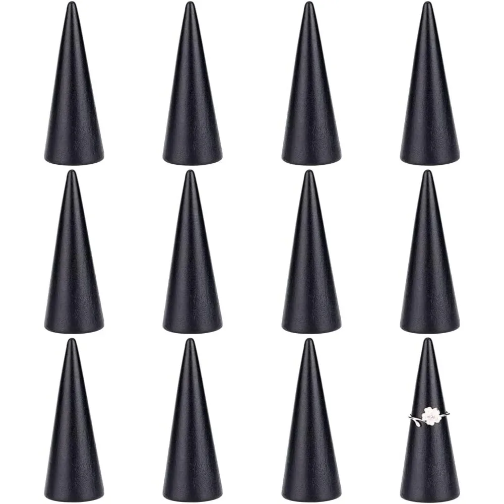 12 Pcs Wood Black Cone Ring Holder Wooden Finger Ring Display Stands 3x7.9cm/1.18x3.11inch Cone Shape Ring Displays Jewelry