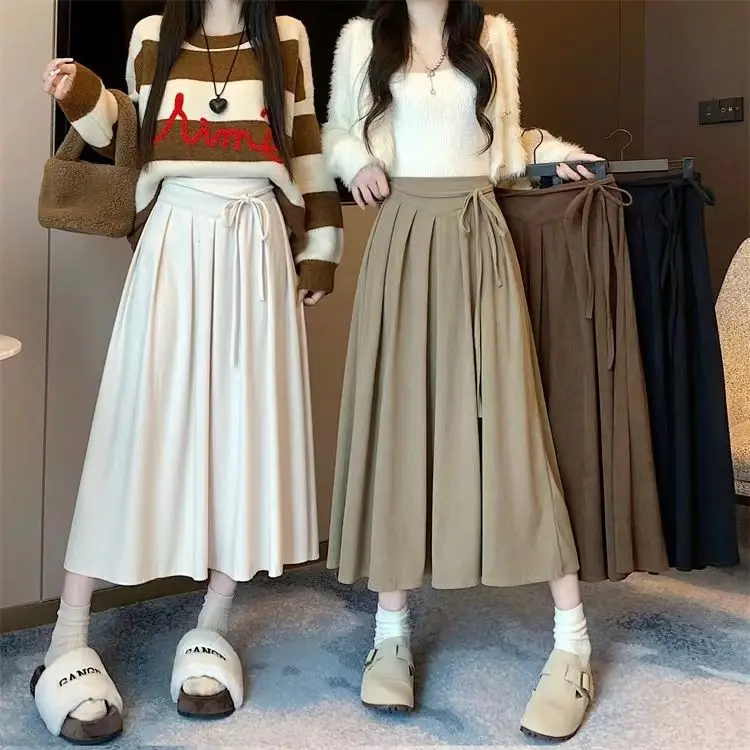 オールマッチプリーツスカート女性秋冬ハイウエスト A ライン折りスカート女性韓国ファッションベルト付きミディスカート