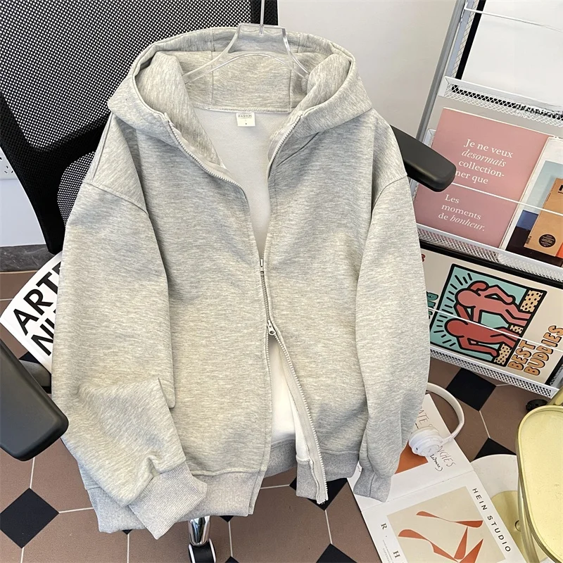 

Heavyweight Hooded Zipper Sweatshirt Men's Loose American Casual Sport Couple Grey Open Cardigan High Street Jacket