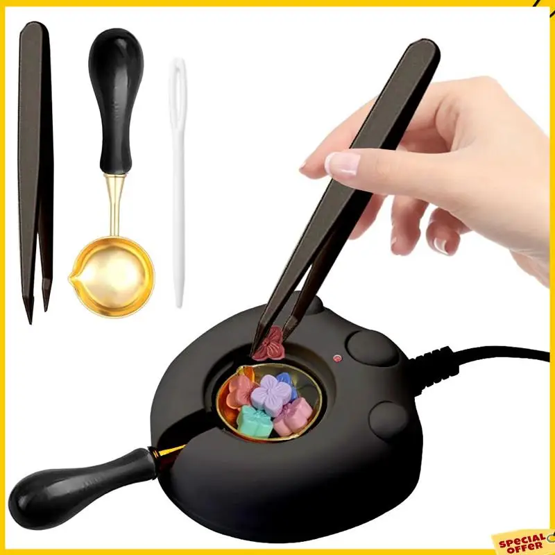 A24P جهاز تسخين ختم الشمع الكهربائي، طقم ختم الشمع الأسود مع ملعقة وملاقط أداة رائعة لأختام الشمع DIY، قابس أمريكي