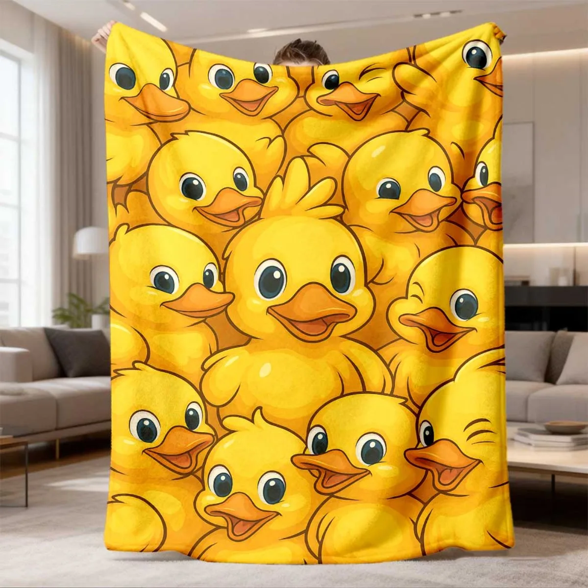 Vivid Bright Yellow Backdrop Dense Winking Smiling Cartoon Duck Crowd Kids Cute Animal Full Print Fluffy Blanket Couch Gift