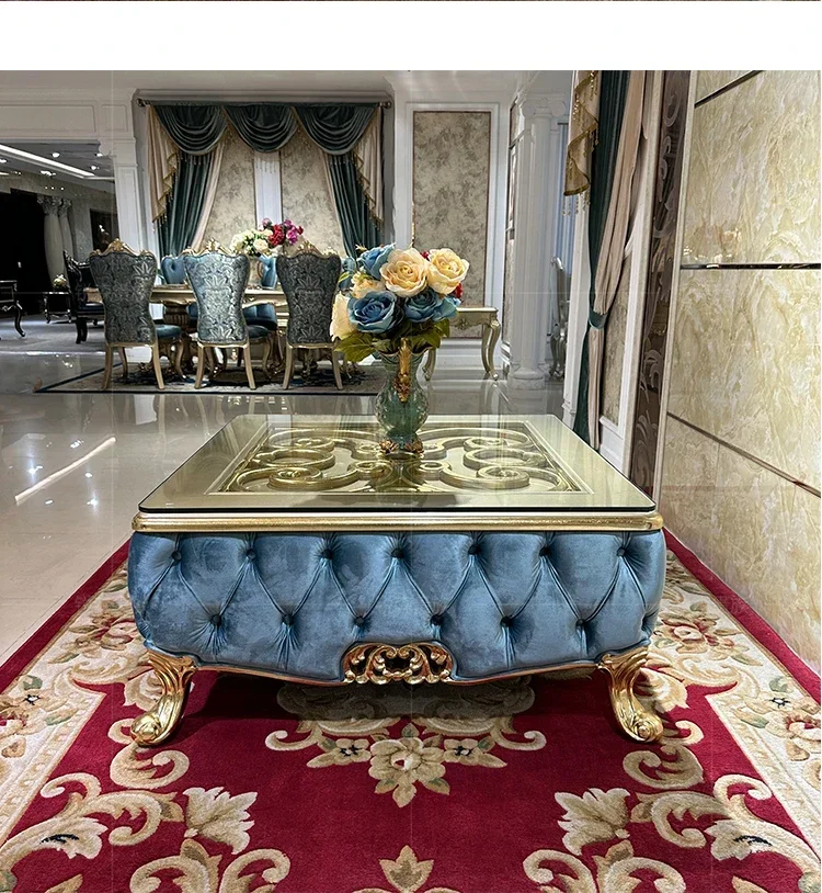 

French solid wood square table European luxury square large coffee table neoclassical tempered glass living room furniture