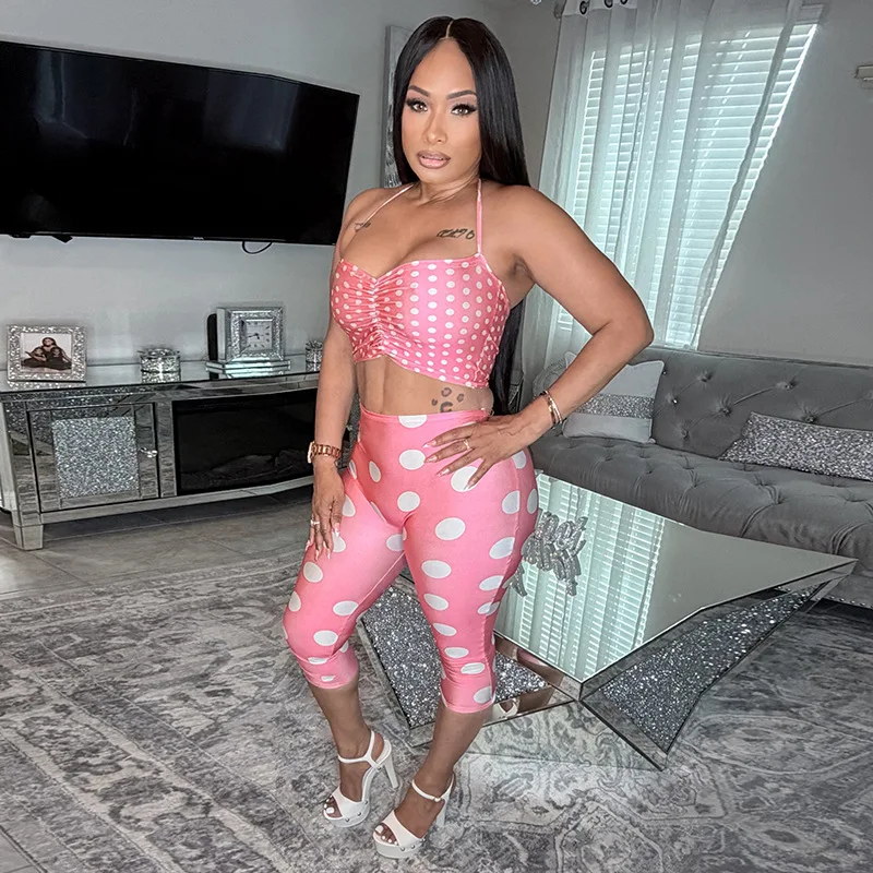 

Cute Vintage Polka Dot Print 3 Piece Set Women's Fashion Halter Crop Top+Capri Pants with Headband Summer Outfits Matching Sets