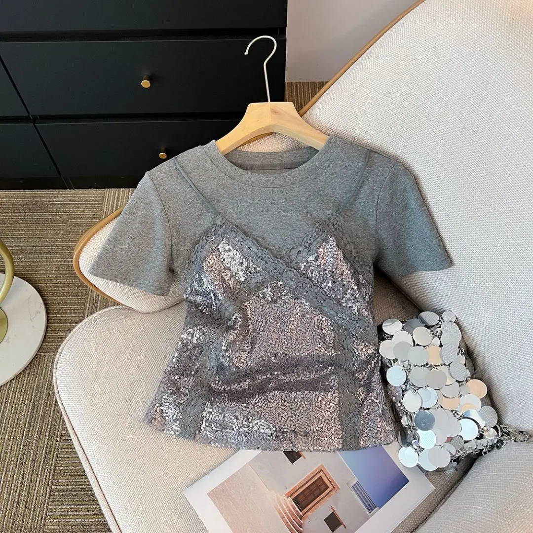 

Gray Faux Two Piece Sequin Lace Camisole Patchwork T Shirt for Women 2025 Summer New Unique Design Short Sleeve Versatile Top
