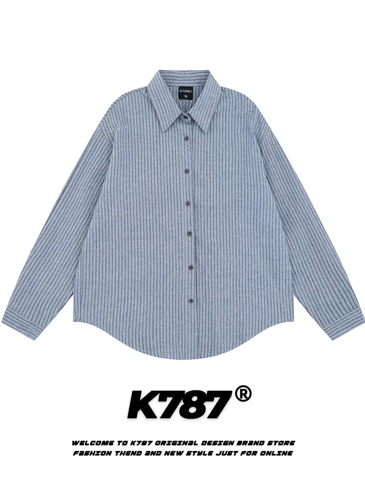 

Рубашка K787 в американском ретро-стиле с полосками, унисекс, винтажная, уличная, универсальная, для пар, молодежная, трендовая, хлопковая