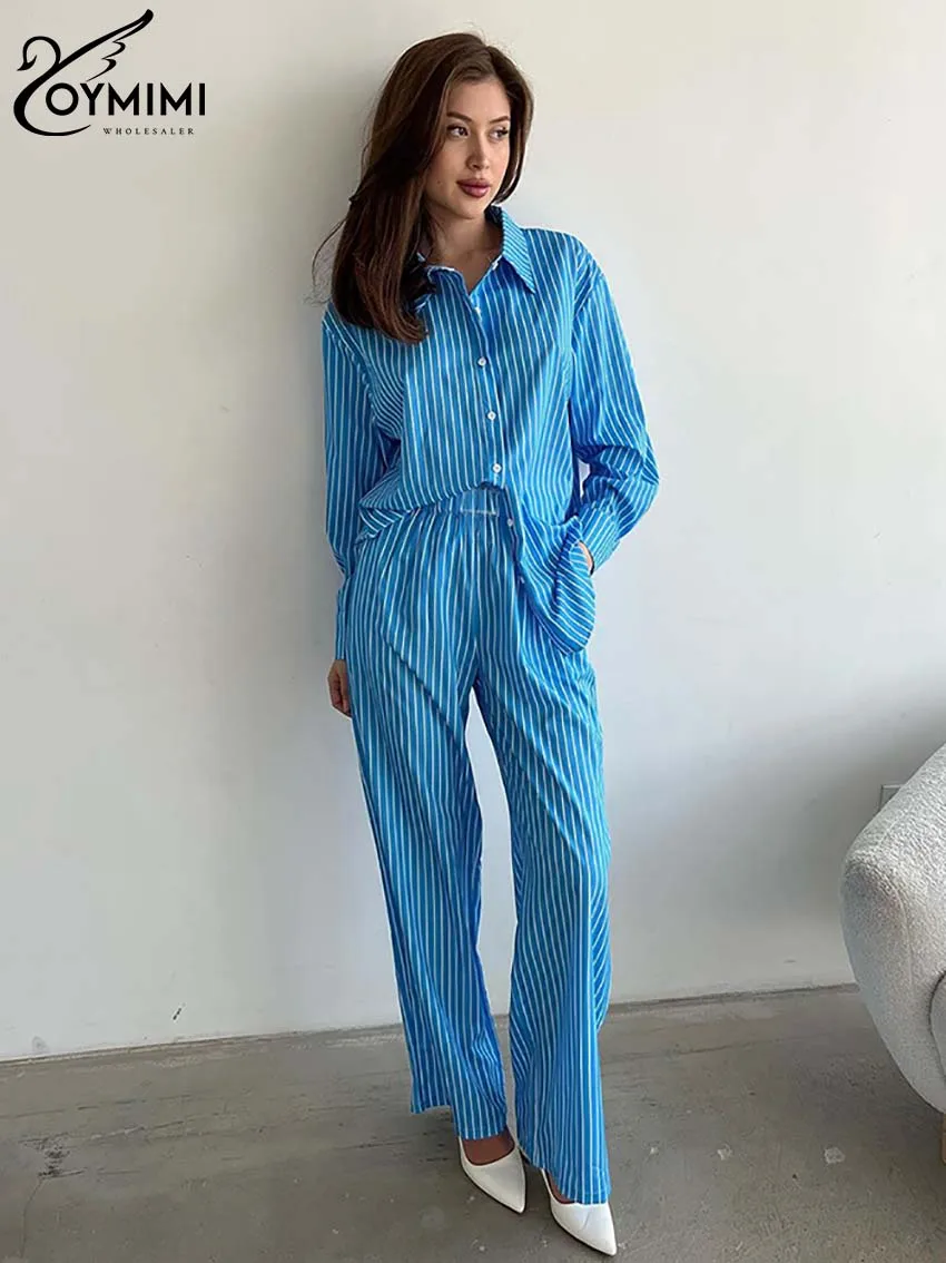 Oymimi Fashion Blue Print Two Piece Set For Women Elegant Lapel Long Sleeve Button Shirts And High Waist Straight Trousers Sets