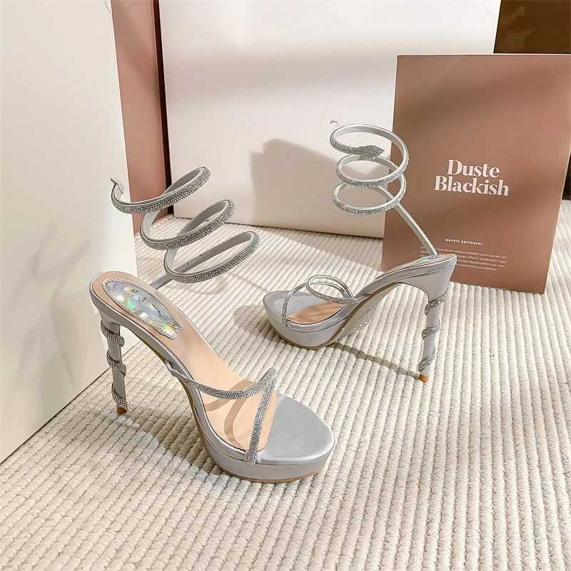 Roman Wound Waterproof Table High-heeled Sandals Korean Version Rhinestone High-heeled Shoes Open-toed Strap Sandals