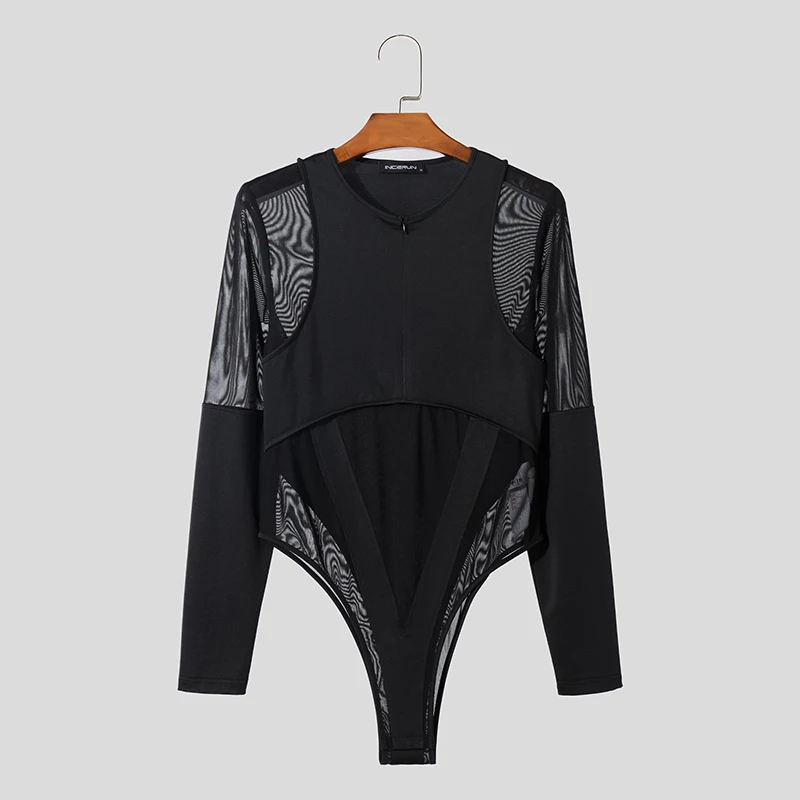 Men Bodysuits Mesh Patchwork Zipper O-neck Long Sleeve Streetwear Transparent Rompers 2023 Sexy Fashion Male Bodysuit INCERUN