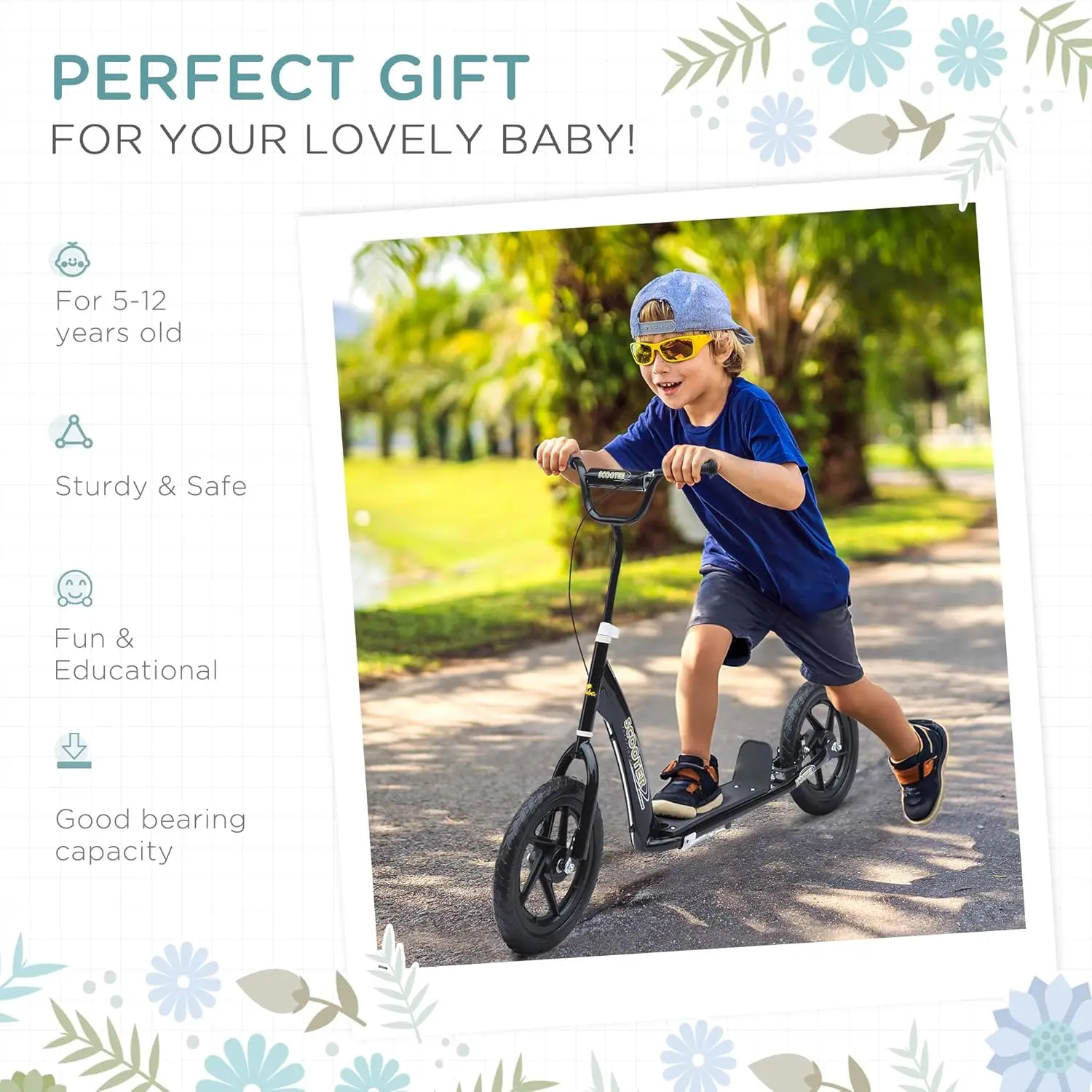 Hulajnoga dla dzieci w wieku 5-12 lat, hulajnoga dziecięca z dużymi kołami i kierownicą o regulowanej wysokości, antypoślizgową płytką pod stopę i tylnym hamulcem