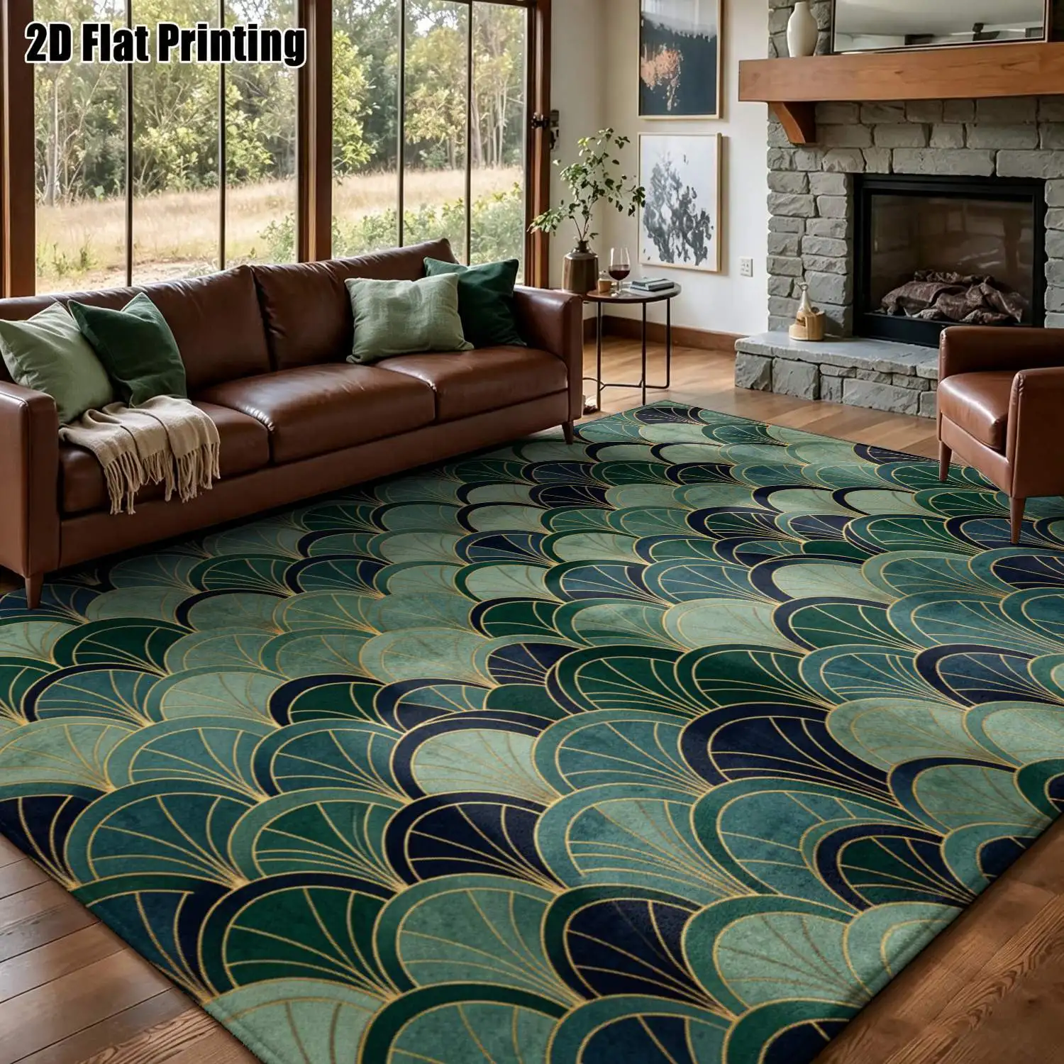 1Pc 2D Printed Carpet: Dark Green Gradient Fan Scale Pattern, Retro/Minimalist/Instagram Style, Home Decor, Multi-Size, Machine Washable, Suitable for Entrance/Dining/Foyer/Study/Living Room/Bedroom
