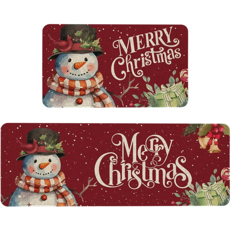 Merry Christmas Kitchen Mat 2-piece Set Anti Fatigue Red Snowman Winter Decorative Mat 20inX31in 18inX47in