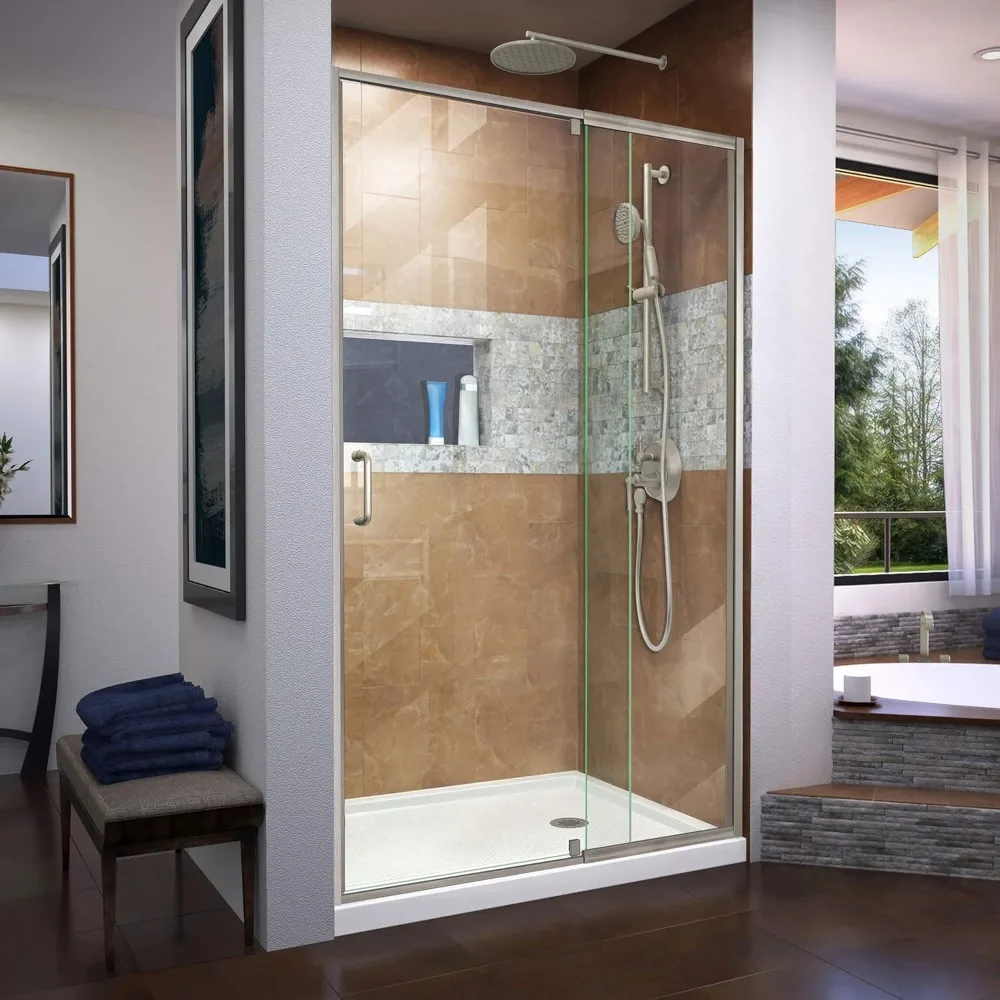 Semi-Frameless Shower Door, 44-48“ X 72”, Brushed Nickel Pivot, Semi-Frameless Pivot, Tempered Glass, Sliding Shower Door