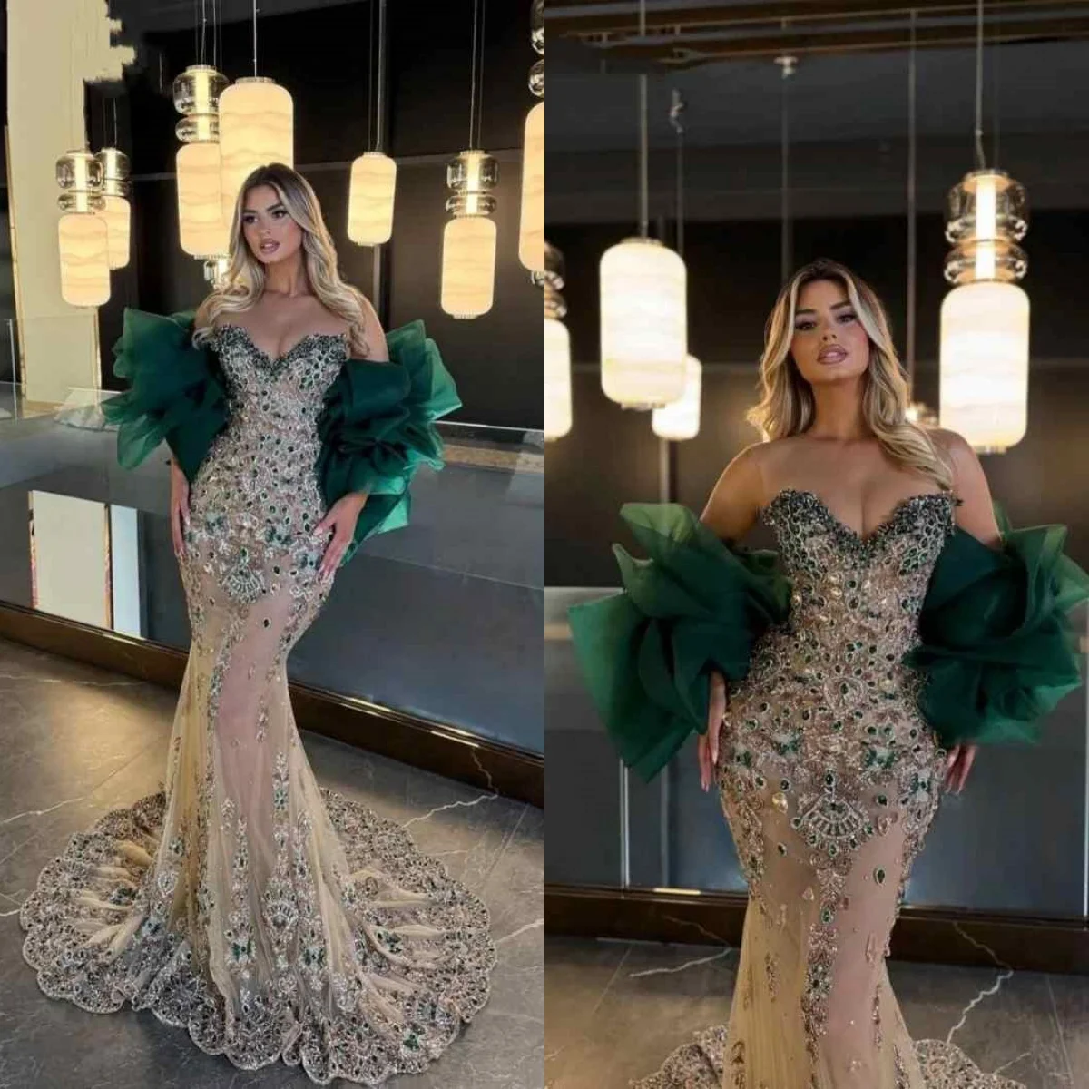

Luxurious Strapless Beaded Prom Dress with Ruffle Wrap Crystal Customized Party Gowns Sequined Floor Length Evening Dresses
