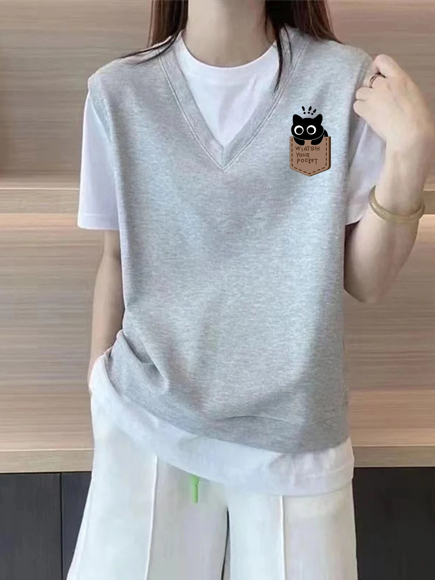 Gray Short Sleeve Fake Two-Piece T-Shirt Women's Summer Loose Slimming Top 100% Pure Cotton Comfortable Breathable Casual Wear