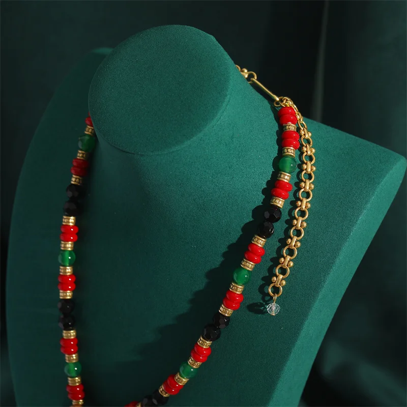 New Natural Glass Red Stone Pendant Necklaces Long Colorful Black Beads Chain Vintage Jewelry Antique Accessories for Women