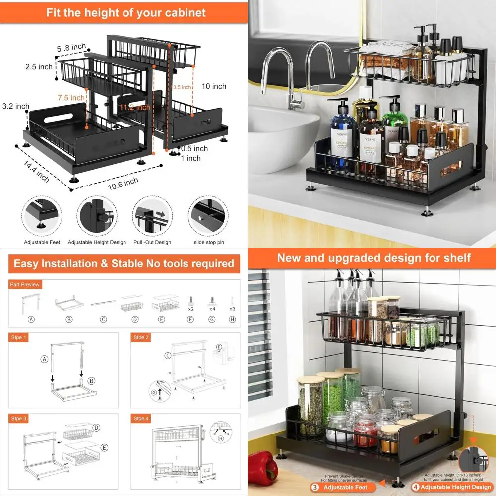 

2-Tier Pull-Out Sink Organizer, Adjustable L-Shape Storage Baskets for Kitchen and Bathroom in Black