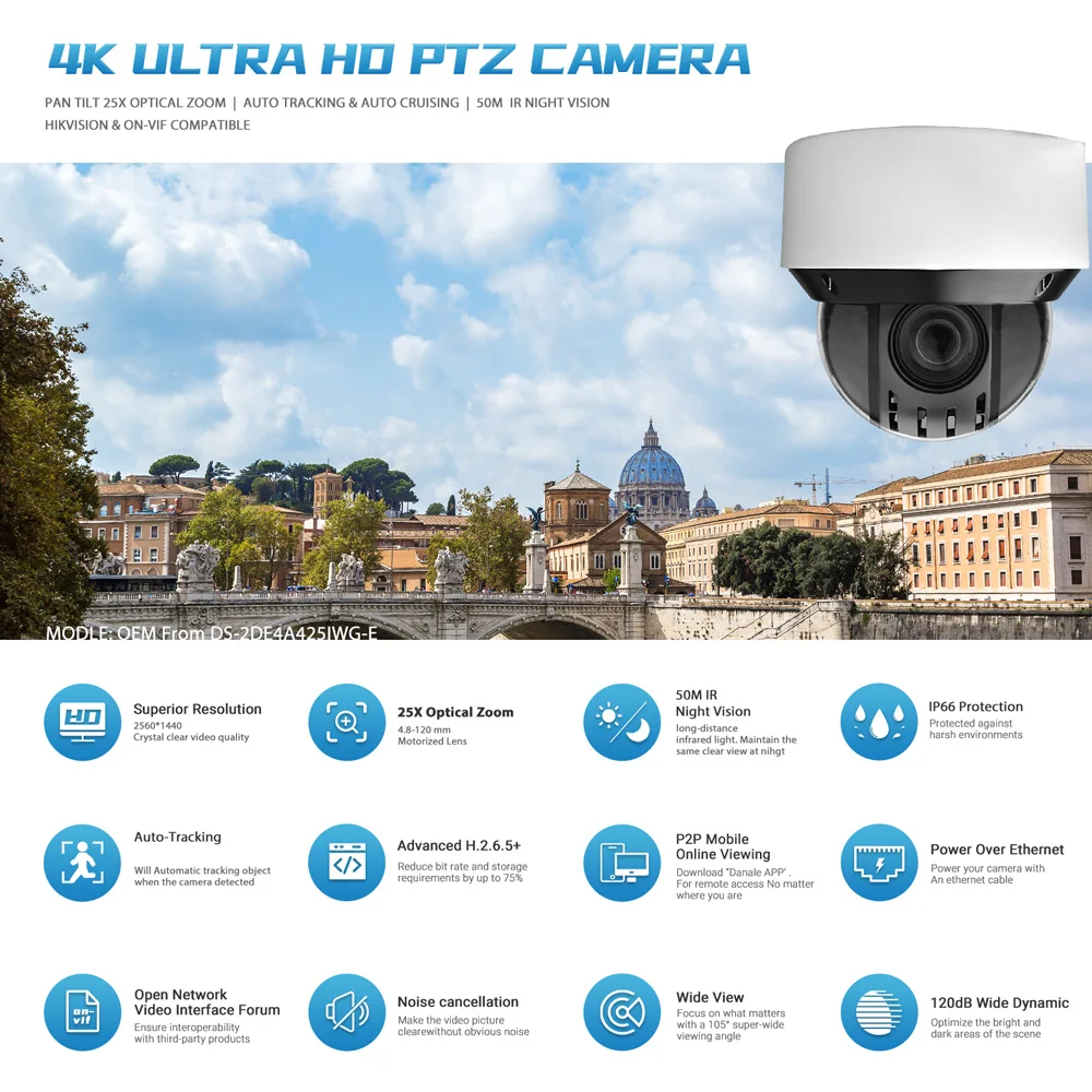 Hikvision DS-2DE4A425IWG-E Original 4inch 4MP 25X 50m DarkFighter Auto-tracking Speed PTZ Deep Learning Audio&Alarm I/O SD Slot