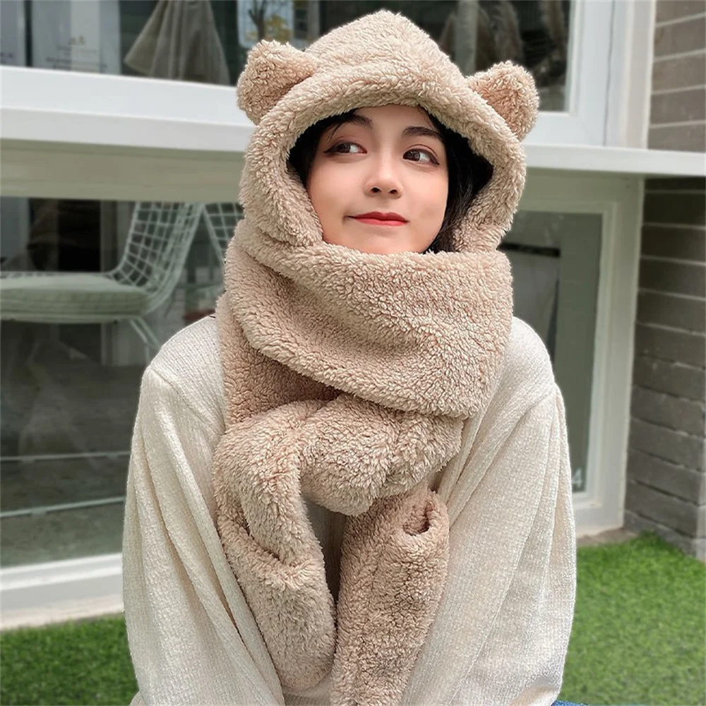 Winter Lamb Wool 3-In-1 Cute Bear Ear Hat Scarf Gloves Set Women Caps Warm Casual Plush Neck Hats Casual Fleece Girls Beanies