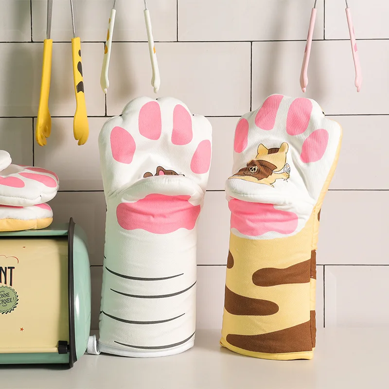 Cute Cat Paws Oven Mitts Microwave Heat Insulation Anti-scald Cotton Gloves Heat Resistant Insulation Kitchen Baking Supplies