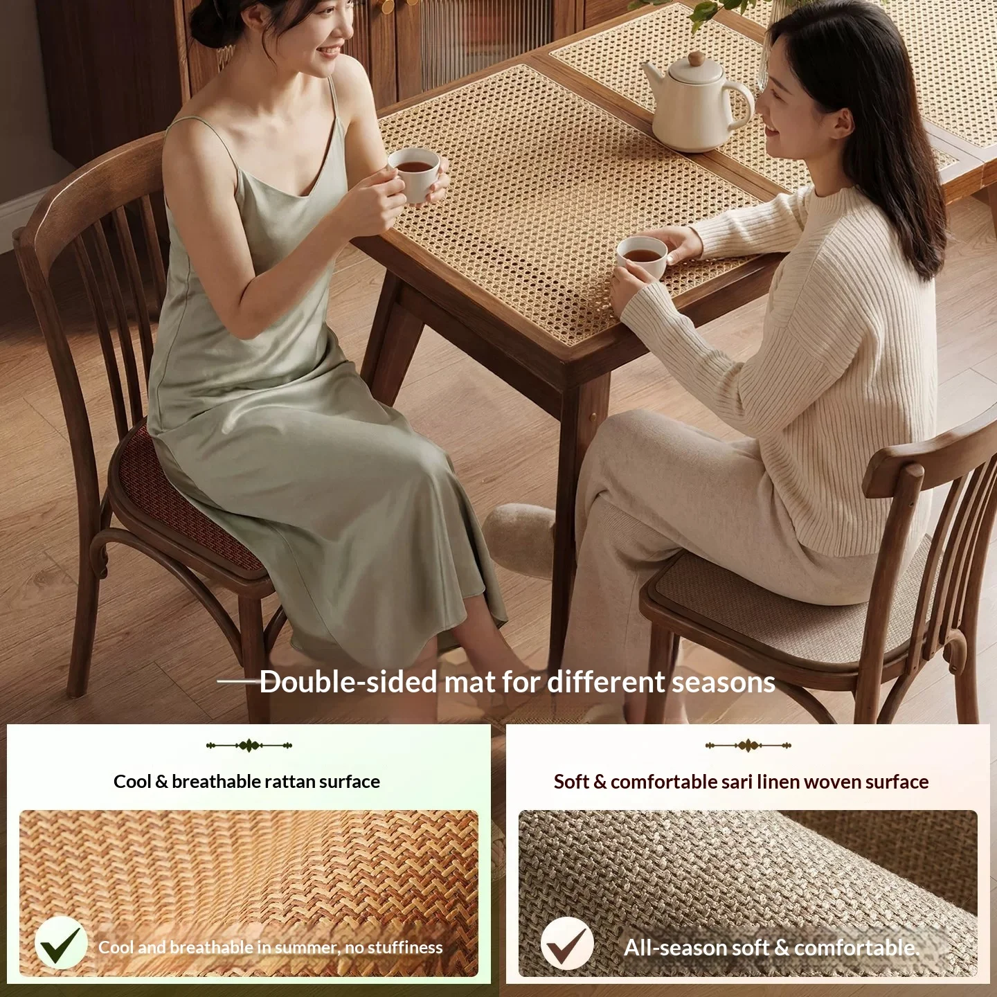 Horseshoe Rattan Chair Pads, Summer Breathable Cooling Seat Cushions for Dining Chairs, Non-Slip Bamboo Rattan Mats