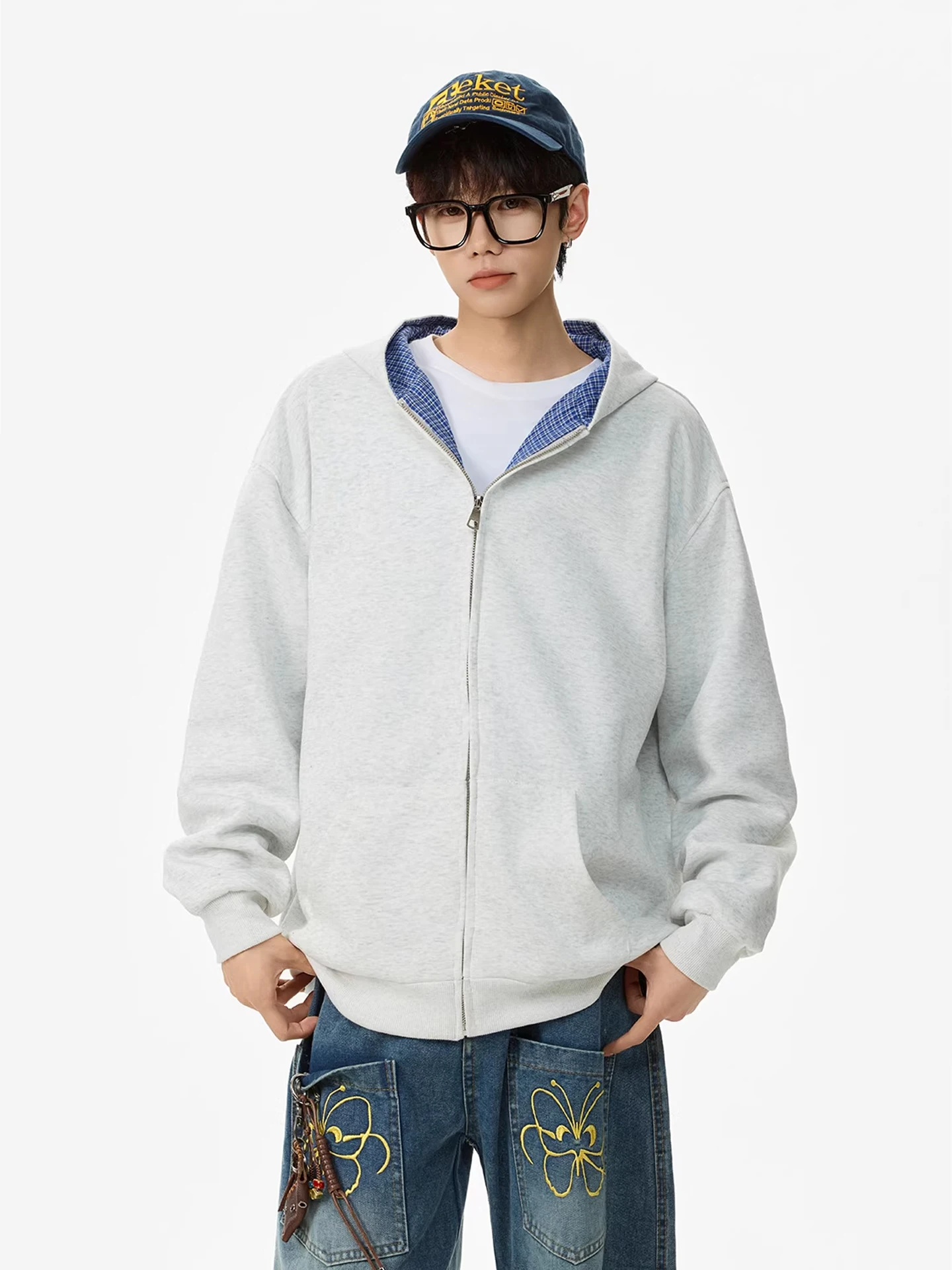 Double-Sided Wear Plaid Inner Patchwork Hoodie Men's Sle Heavyweight Open Cardigan Jaet Autumn Season Casual Loose Fit