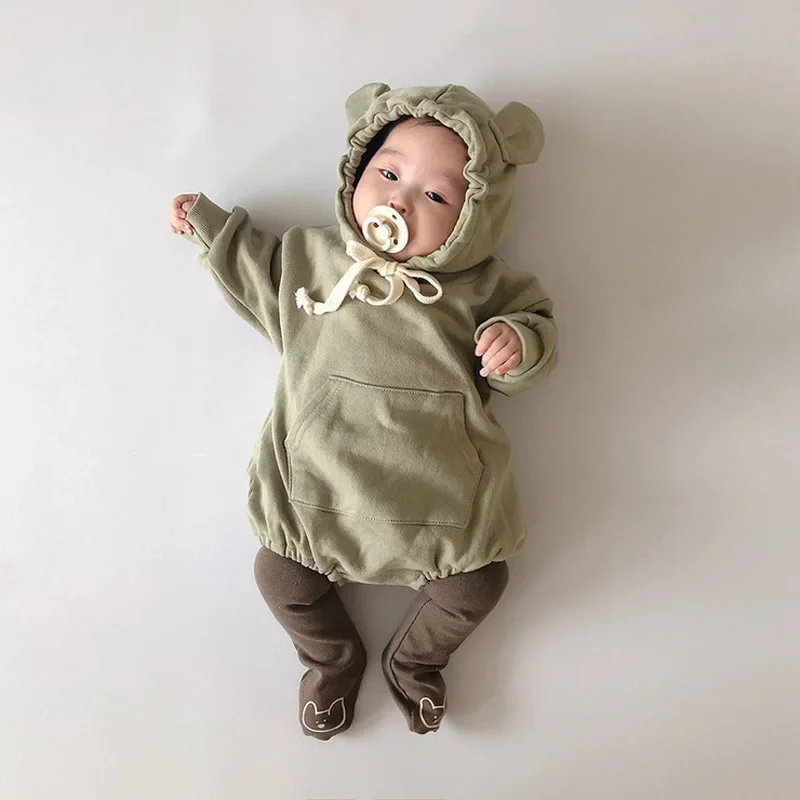 6996 Spring And Autumn Baby Cute Cartoon Bear Clothing Boys And Girls Long Sleeve Hooded One Piece Romper or Leggings Choose