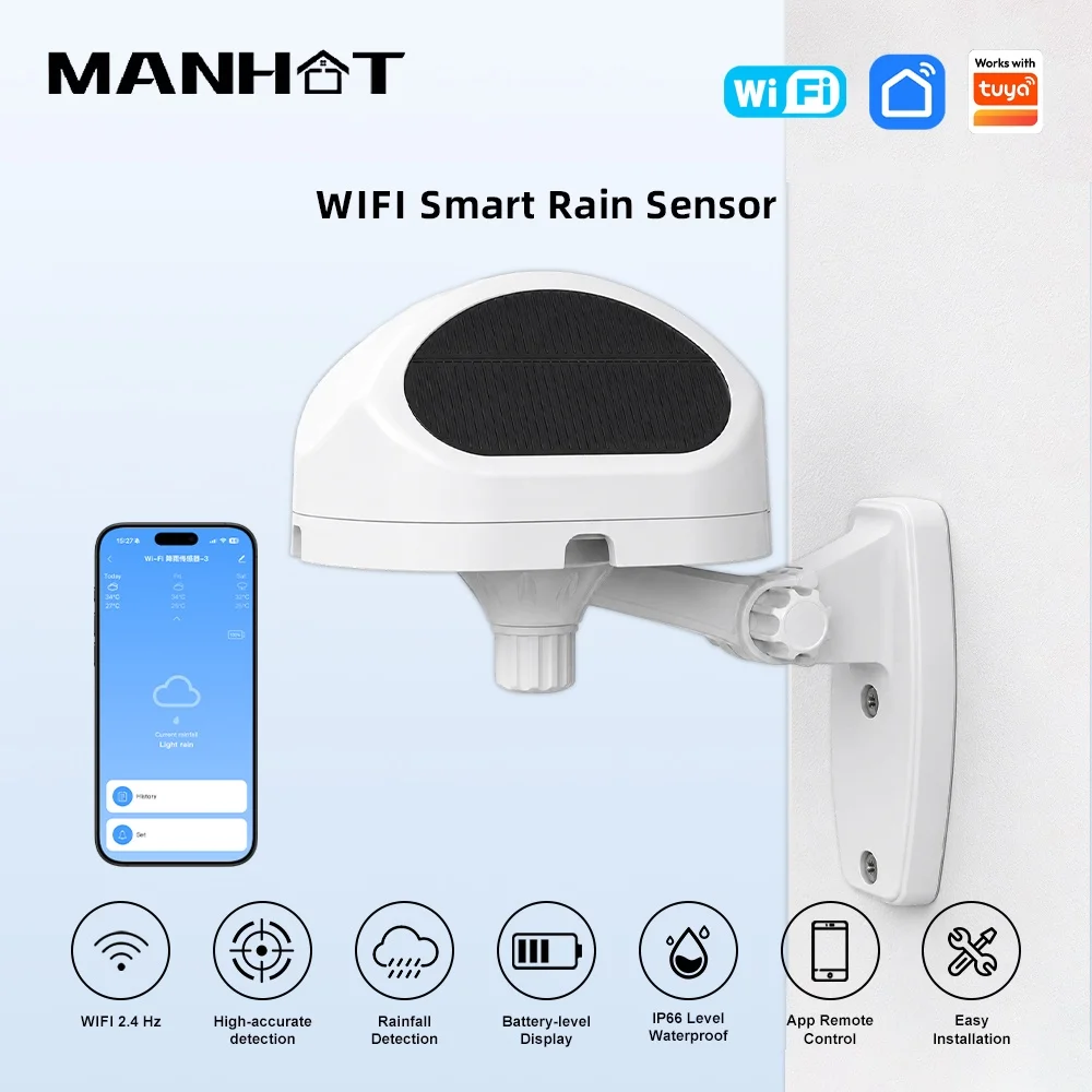 

Manhot Smart WIFI Rain Sensor Waterproof IP65 Rainfall Sensor For Outdoor Wireless Real-Time Rain Detection For Tuya APP Control