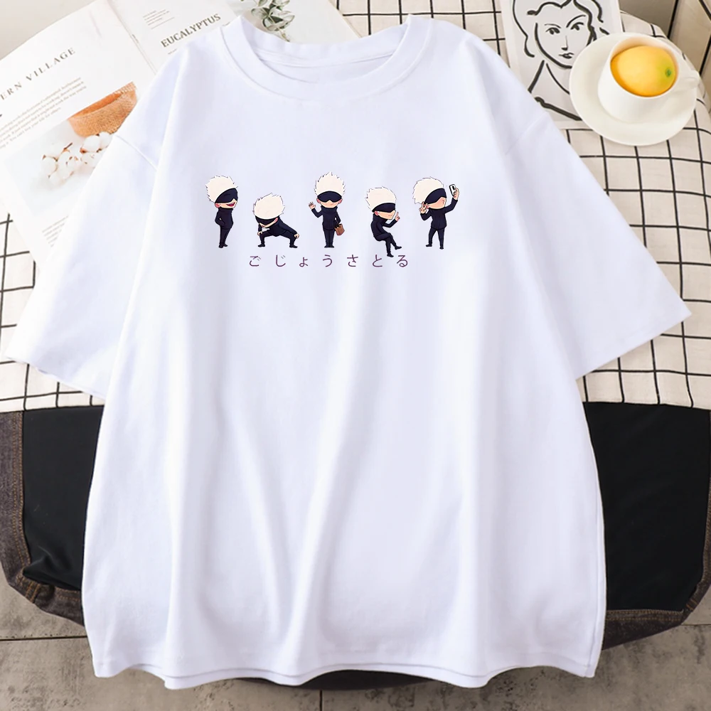 Japanese Anime Lil Gojo Prints Male Cotton Tee Clothing Personality Street Hip Hop T-Shirts Oversize Casual Mens Short Sleeve