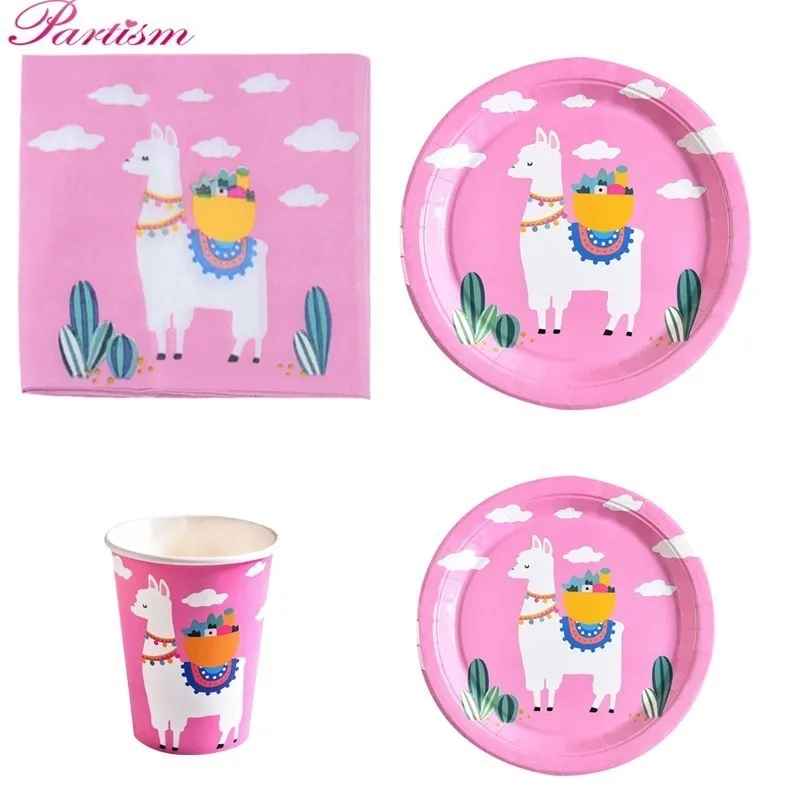 1Set Alpaca Party Disposable Tableware Cartoon Llama Balloons Napkin For Kids Birthday Decoration Tropical Theme Party Supplies