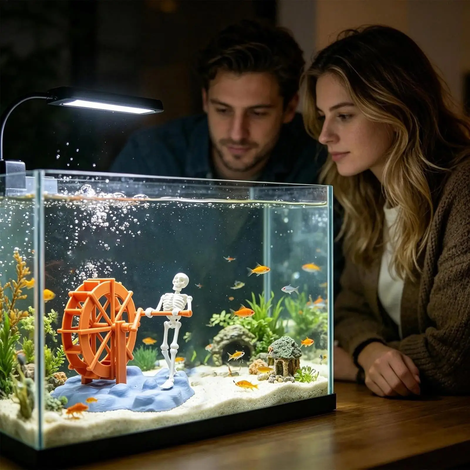 Aquarium Decor Dynamic Skeleton Figurines with Rotating Water Wheel Fish Aquarium Decor for Water Betta Turtle Reptile Shrimp