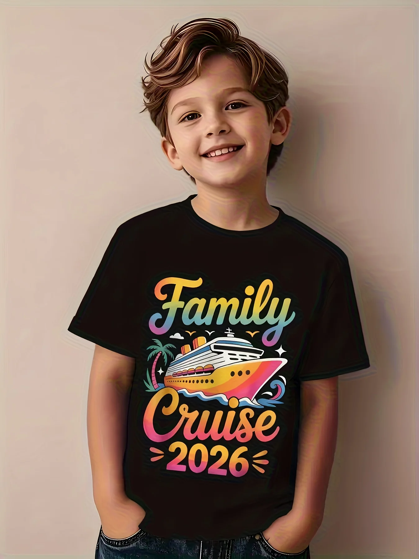 

Family Cruise Themed T-Shirt 'Family Cruise 2026' Fun Printed Boys Short Sleeve Tee with Cruise Ship And Palm Tree Elements