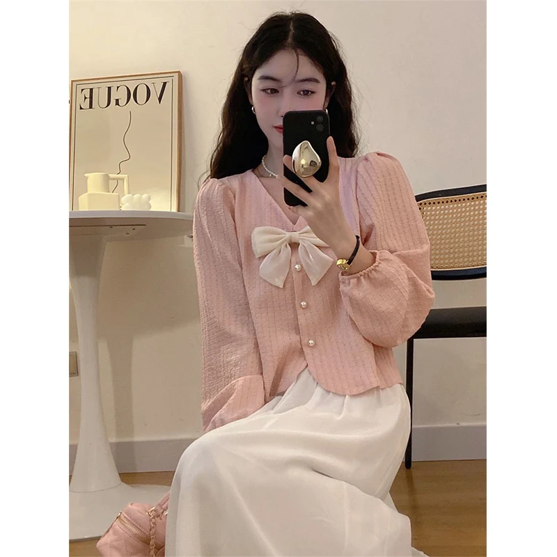 MEXZT S-3Xl Elegant Bow Shirts Women Sweet Pink Puff Long Sleeve Blouses Korean Fashion White V Neck Pearl Buttons Crop Tops New