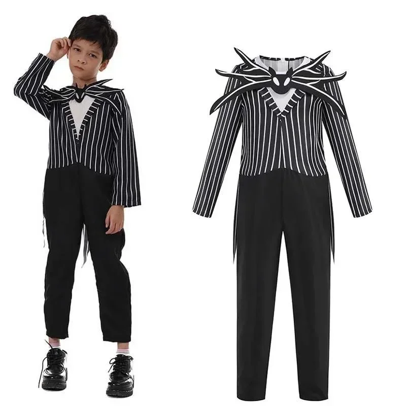 Kinder Gothic Skelett Genähtes Puppen-Cosplay-Set Gestreiftes Kostüm Patchwork-Kleid Perücke Halsband Halloween Karneval Party Outfit – Detail 9
