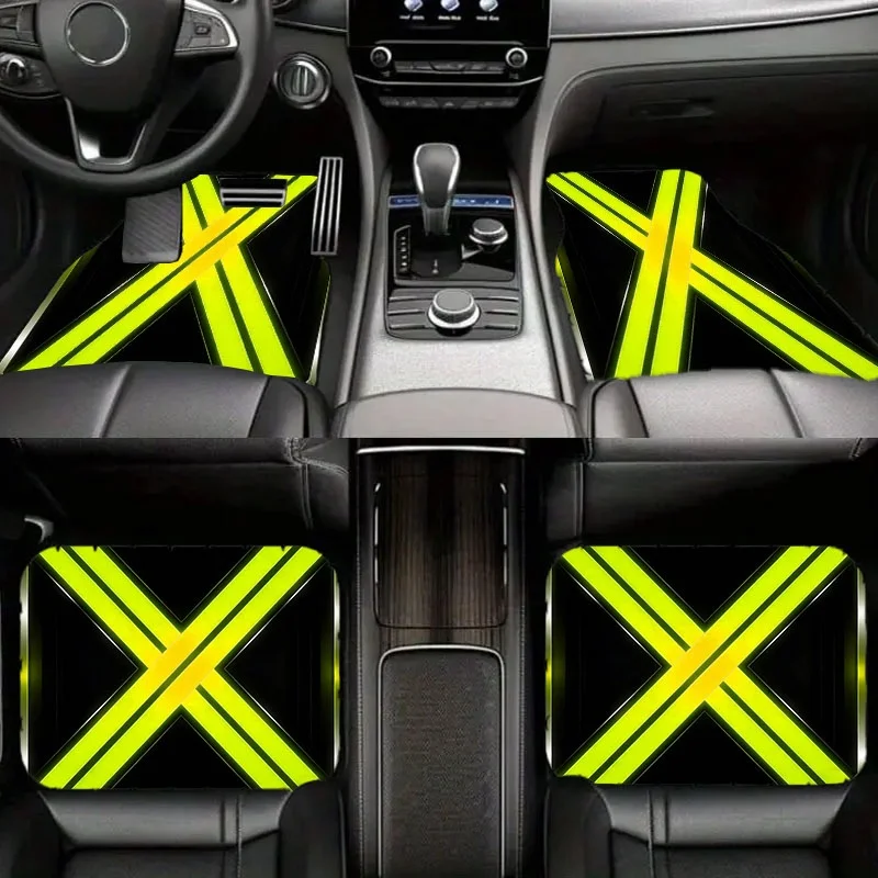 5pcs Car Floor Mats, High - Visibility X - Pattern Design (Black Square + Silvery Frame + Yellow Stripes), Material, Suitable Fo