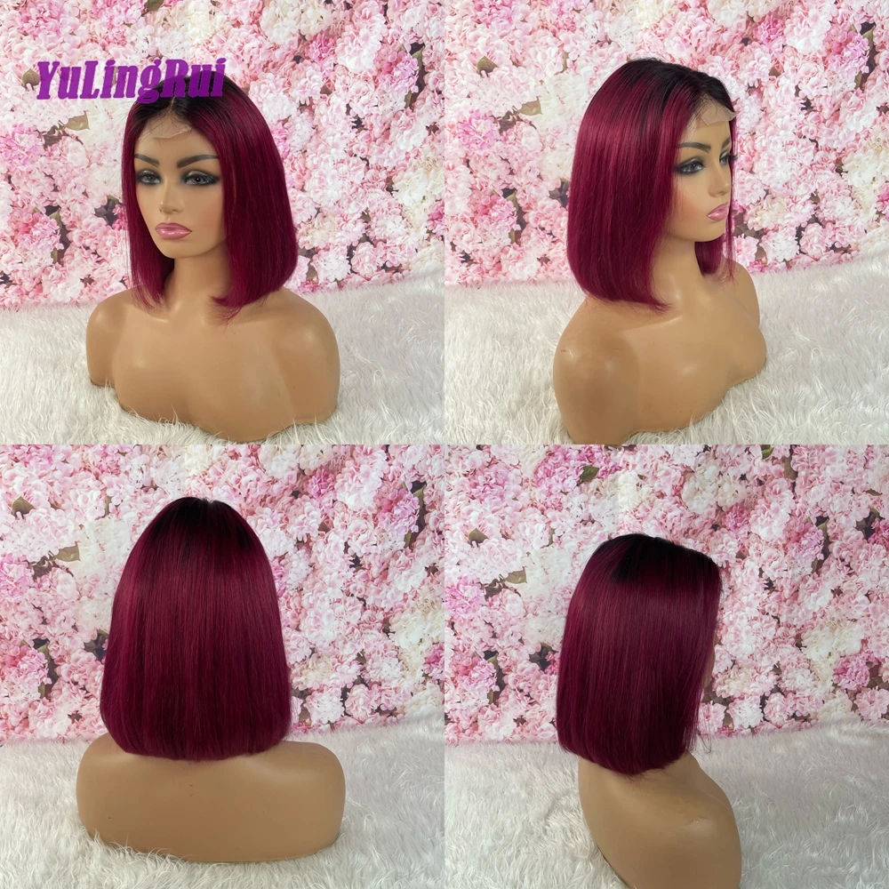 Ombre 1B/99J Transparent Lace Human Hair Wigs 4x4 5X5 lace Closure Wig Short Bob Wigs Pre plucked  Glueless Wigs Deep Parting