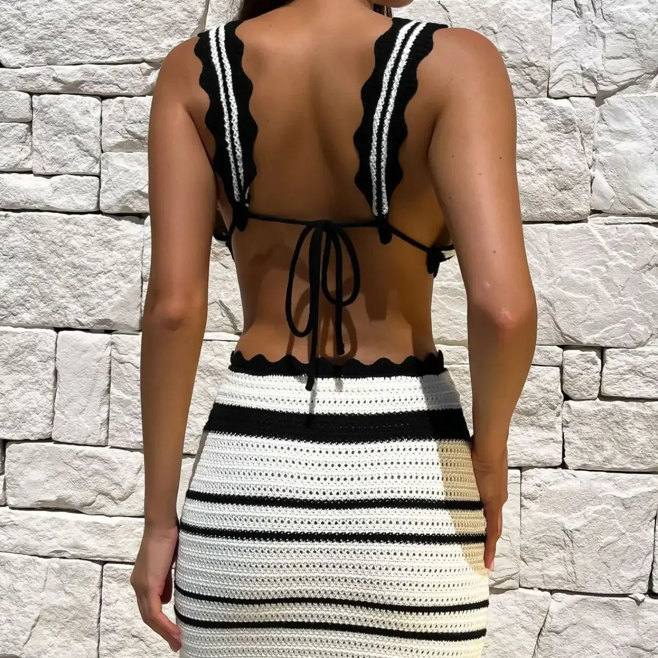 Fashion Style Knitted Texture Sexy Swimwear Cover-Ups Ladies Summer Beach Vacation Hollow Out Stylish Bikini Skirt Suit