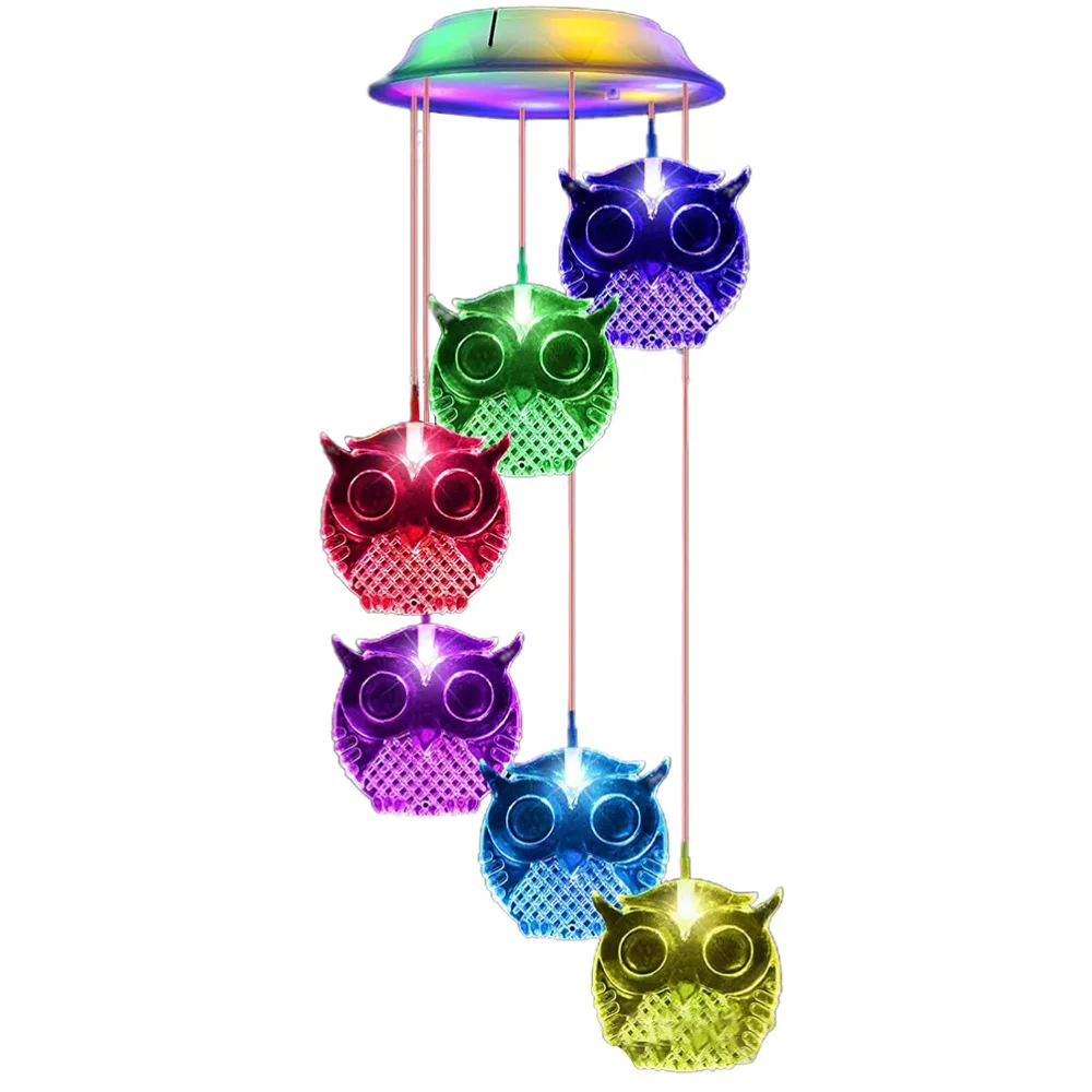 Transparent Solar Wind Chime Light Color Changing Owl Shape LED Hanging Light Glow in the Dark Waterproof Owl Wind Chime