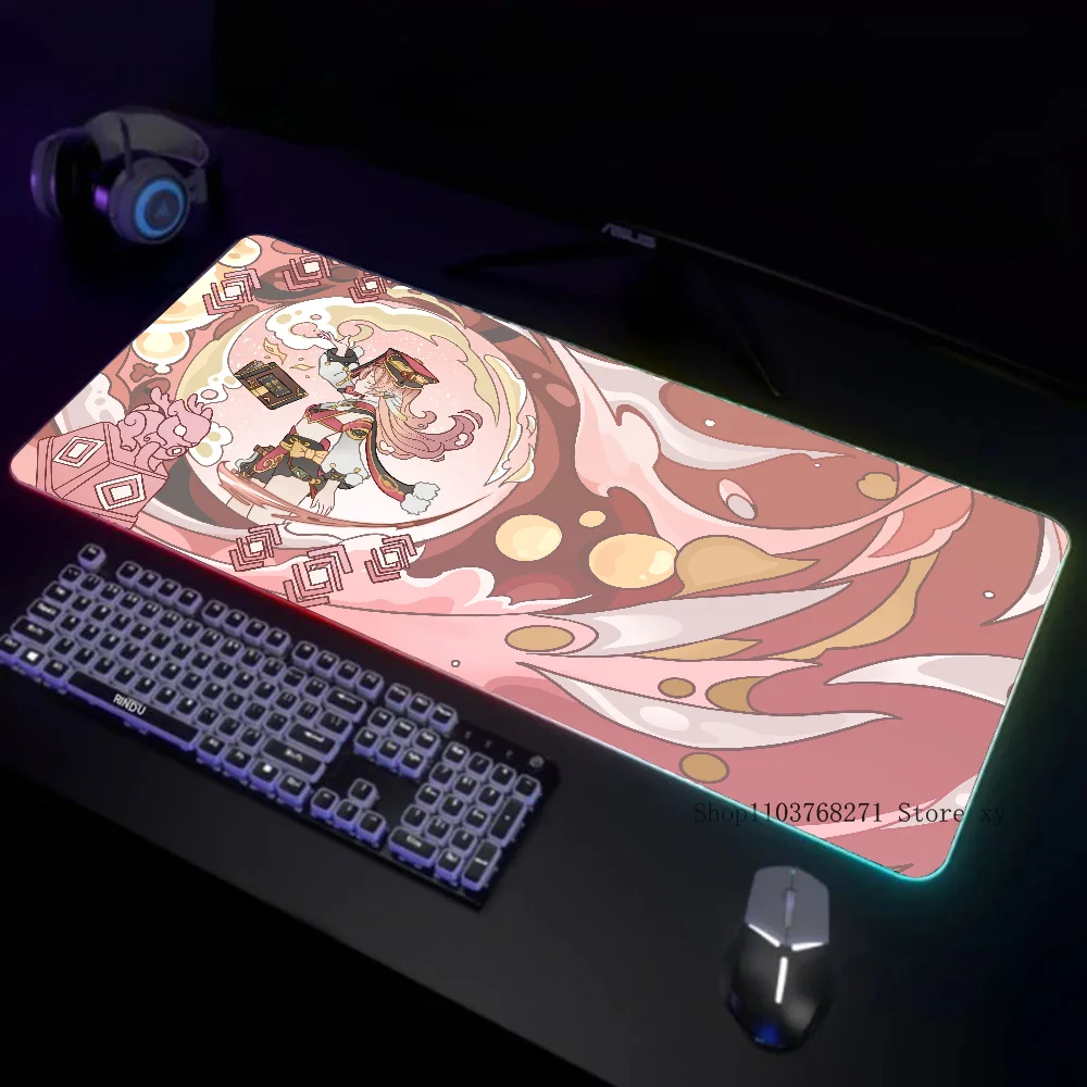 Genshin Impact Yanfei Mousepad XXL RGB Gaming Mouse Pads HD Preto Acessórios para jogadores LED grande