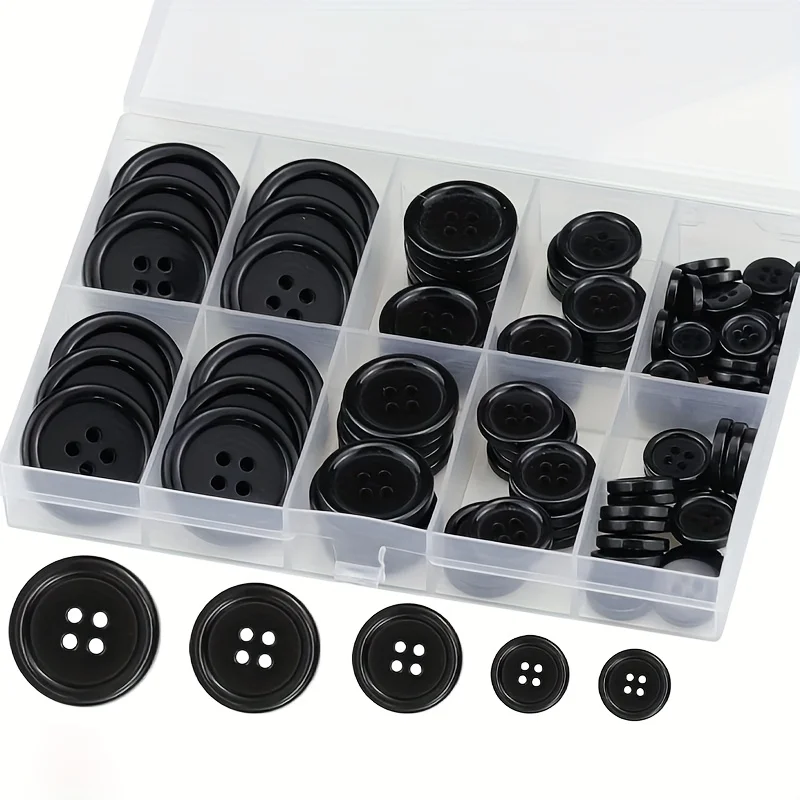 

100pcs Black Resin Sewing Buttons, 4-Hole Craft Suit Shirt Buttons, 5 Sizes, Round Mixed, White Suitable for Clothing Sewing