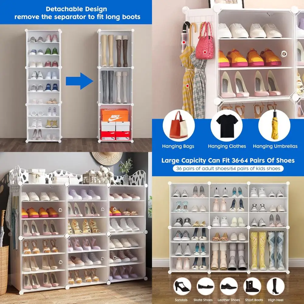 

Расширяемый шкаф для хранения обуви с дверцами и крючками для ключей, портативный органайзер на 36-72 пары пар обуви, белый цвет