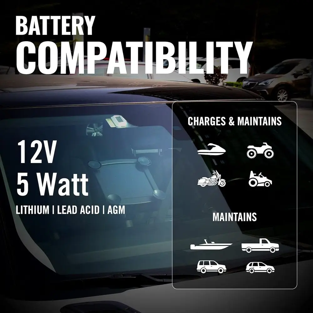 5 Watt Solar Panel 12V Battery Charger with Charge Controller - IP67 Weatherproof - Windshield or Handlebar Mountable - Included