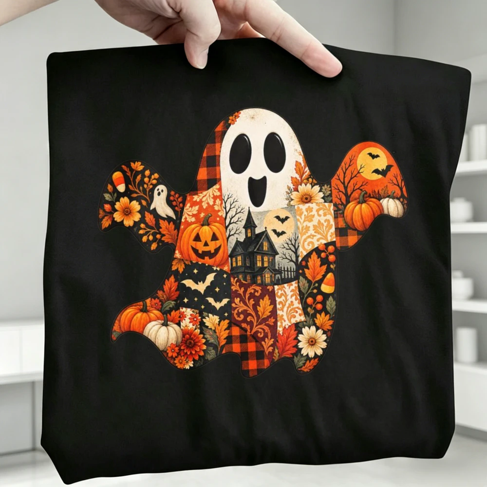 Patchwork Fall Ghost Unisex Tee Fashion Cotton Tops Quilted Halloween Streetwear Plaid Pumpkin Haunted House Detail Tshirt